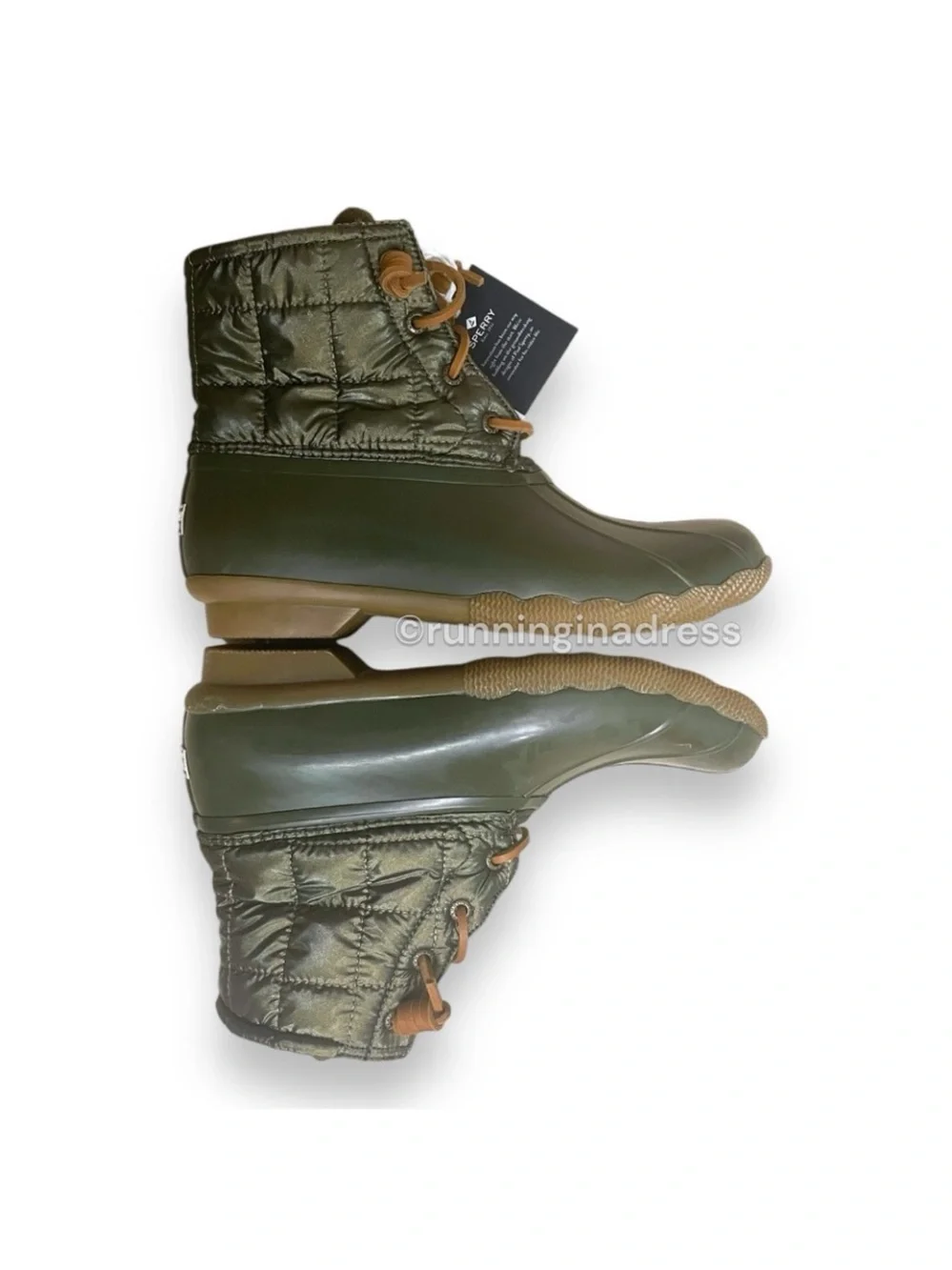NWT Sperry Saltwater All-Weather Rain Boots Dark Olive Quilted - 8.5